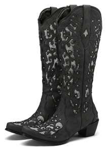 Women's Rhinestones Western Knee High Boots, Embroidery Pointed Toe Chunky Block Heel Cowboy Cowgirl Mid Calf Boots With Pull On Taps - 黑色 - 查看 2