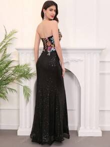Vestido de noche con lentejuelas sin tirantes estilo sirena de longitud hasta el piso con abertura, vestido de fiesta, vestido para invitada de boda, vestido formal, vestido de gala
