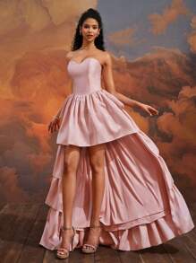 VIPGIRL 甜美粉色露肩高低分层连衣裙，后背系带，正式晚礼服，婚礼宾客礼服派对礼服 - 淺粉色 - 查看 9