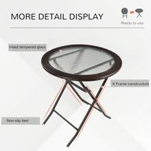 Outsunny Folding Round Tempered Glass Metal Table With Brown Rattan Edging - Brown - View 4