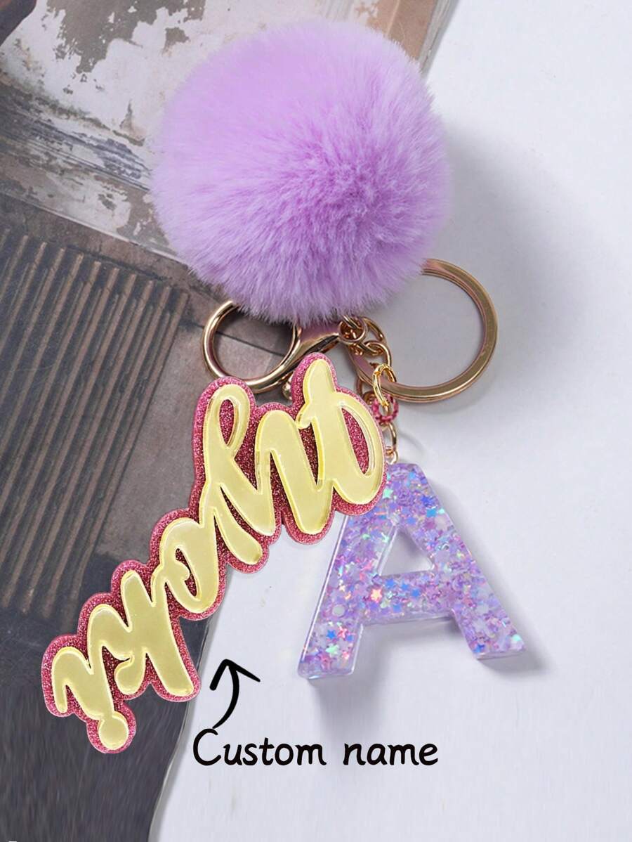 A-Z English Letter Acrylic Key Chain, Purple Furball Pendant, Personalized Wallet/Backpack Key Holder Chain - 1 - View 1