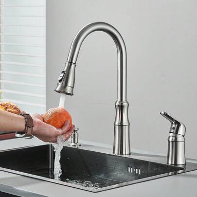 1pc Kitchen Faucet For Sink With Pull Down Sprayer, 304 Stainless, 2 Hole Single Handle High Arc Pull Out Commercial Kitchen Sink Faucet With 2 Modes, 360° Telescopic Splash-Proof Water Nozzle, With Soap Dispenser And 2 Supply Hoses, Matte Black