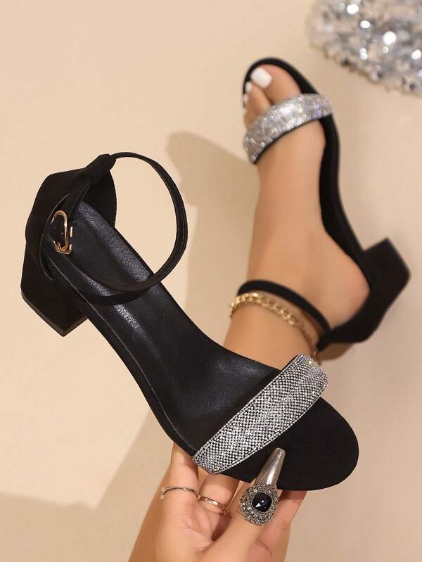 Sandálias femininas novas de bico redondo e salto grosso com sola macia, sapatos de salto alto com decoração de strass versáteis e elegantes, pretos, dia dos namorados