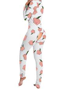 Pijama navideño para mujer, manga larga, cuello en V, estampado, holgado, entrepierna desmontable, elástico, para el hogar - Beis - Ver 2