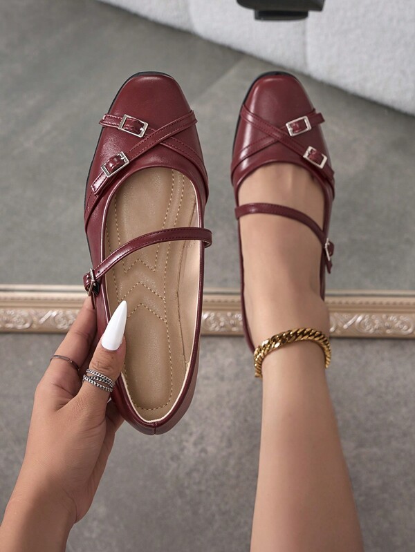 Zapatos planos tipo Mary Jane para mujeres, con punta cuadrada, decoración con múltiples tiras, ligeros, color negro, para uso casual y estudiantil