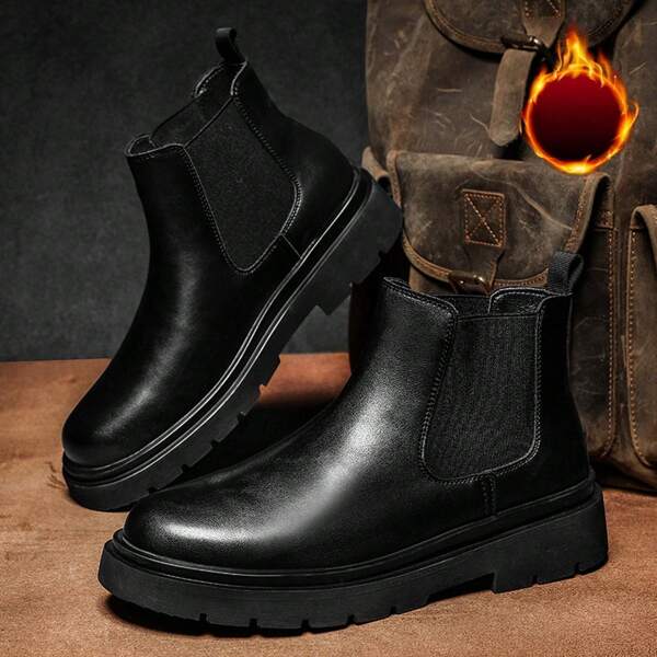 Heren High-Top Laarzen, Britse Stijl High-Top Verdikte Bodem Leren Schoenen, Werklaarzen, Zwarte Leren Laarzen Met Thermische Voering