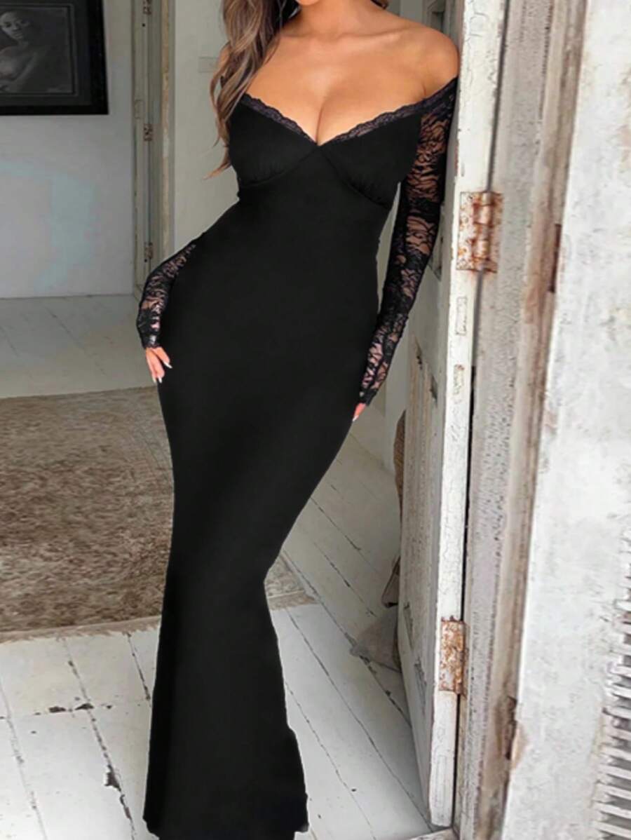 Vestido de cóctel con hombros descubiertos y encaje de contraste para mujeres, otoño