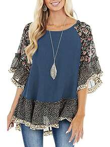 Women's Half Sleeve Blouse, Leopard Floral Printed Patchwork Round Neck Loose Fit Tops, Casual Simple Style Shirt - Màu xanh lam - Xem 1