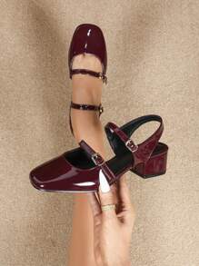 Women's High Heel Mary Jane Pumps, Fashion Casual Slip-On Backless Sandals - Burgundy - View 2