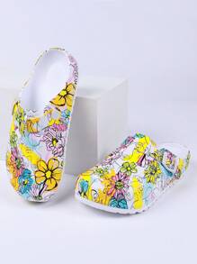 Women's Adjustable Printed Slippers, Indoor Home Casual Slip-On Shower Shoes With EVA Soft Sole, Protective Closed Toe