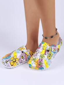 Women's Adjustable Printed Slippers, Indoor Home Casual Slip-On Shower Shoes With EVA Soft Sole, Protective Closed Toe
