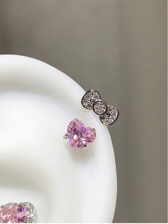 Cute Bow Heart 316L Stainless Steel Hoop Cartilage Earrings, Fashionable Zirconia Earrings, Y2K Punk Style Jewelry For Women (Cartilage Piercing Hole Diameter: 1.2mm)