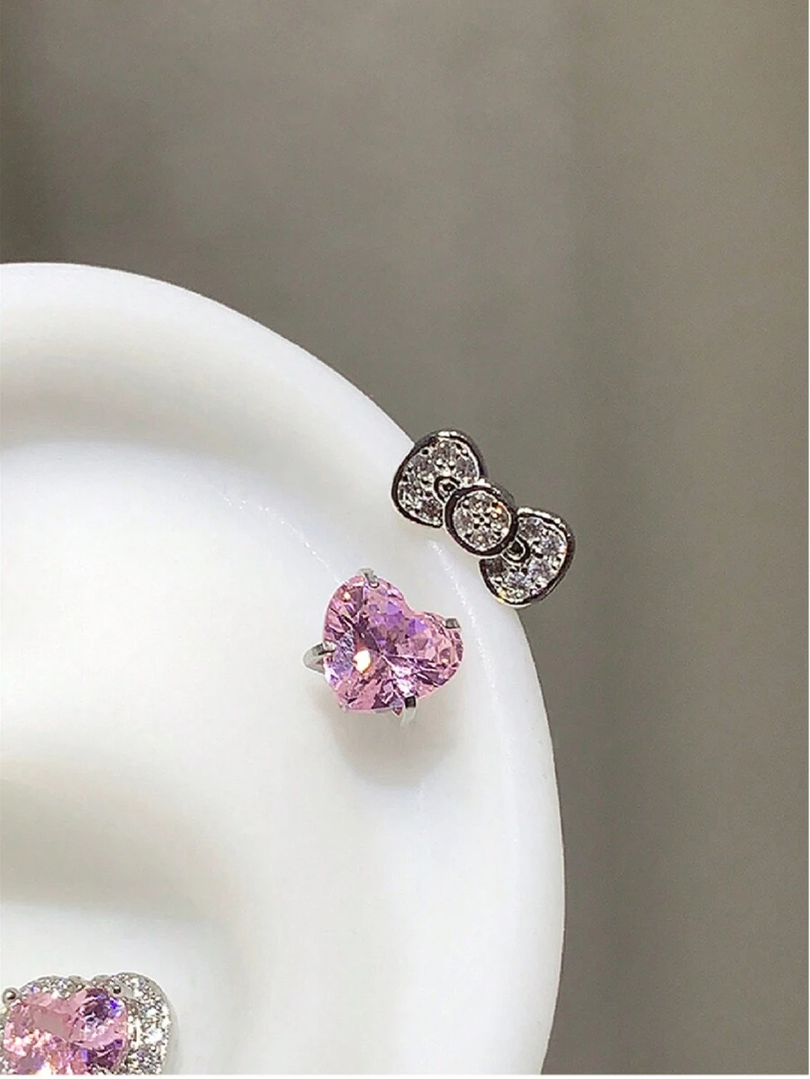 可爱蝴蝶结爱心 316L 不锈钢圈形耳骨耳环，时尚锆石耳环，Y2K 朋克风女士饰品（耳骨穿孔直径：1.2mm） - 蝴蝶結 - 查看 1