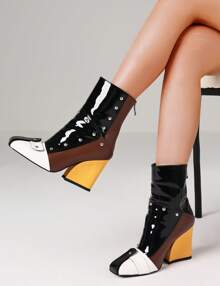 Women's Ankle Booties Chunky Heel  Square Toe Short Boots Pull On Biker Boot Back Zipper Gogo Boots Fashion Fall Bootie - màu đen - Xem 4