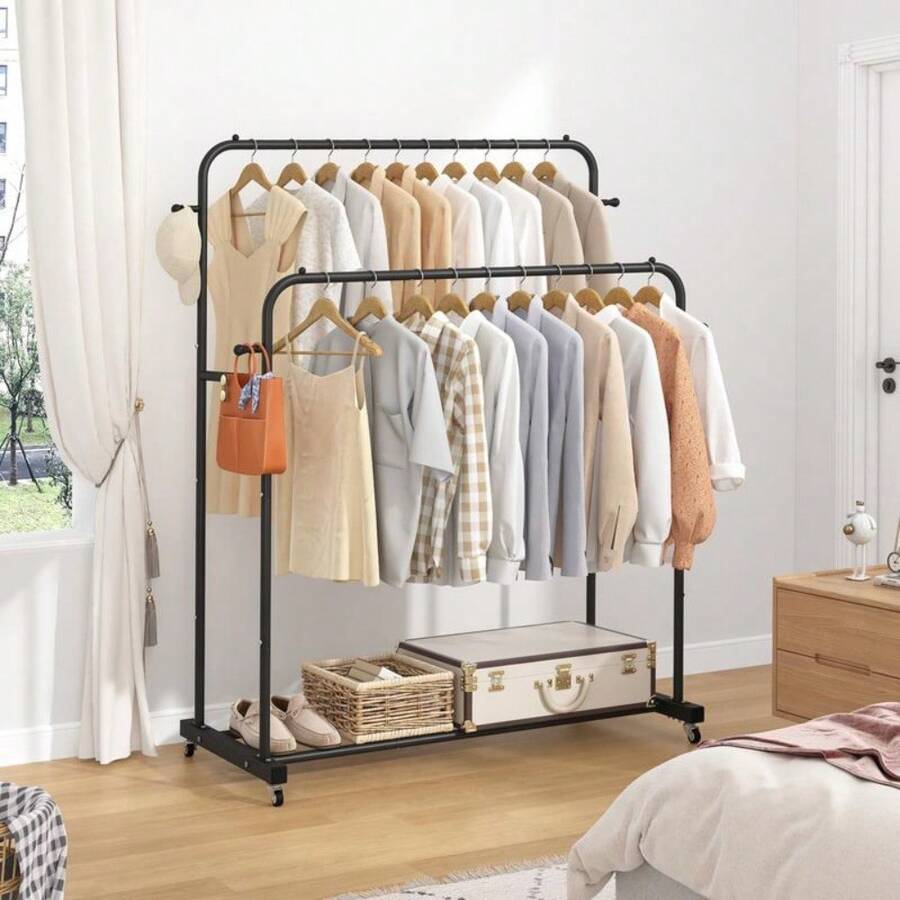 UDEAR Double Rods Garment Rack With Wheels, Clothing Rack For Hanging Clothes,4 Hooks, Multi-Functional Bedroom Clothes Rack, Black,Spring,Minimalist,Summer Tops