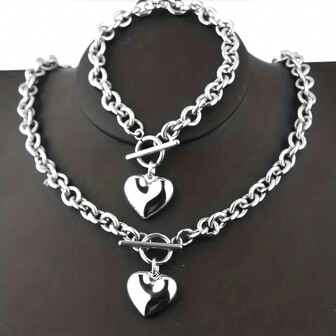 2pcs Stainless Steel Fashion Jewelry Set - Heart Shaped Necklace & Bracelet, Unisex, Holiday Gift