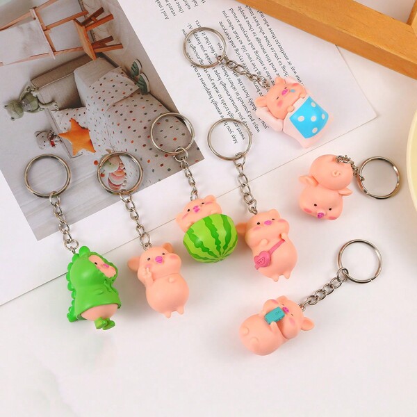 1pc/3pcs/7pcs Cartoon Pig Resin Keychain, Cute Pig Decoration Pendant Accessories, Daily Outfit Decor & Birthday/Holiday Gift