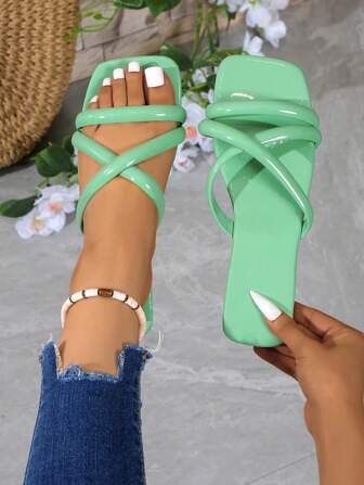 Women's New Square Toe Solid Color Sandals, Red, Versatile, Outdoor, Comfortable, Flat Thick Rope Slippers, Fashionable & Elegant, Slip-On Sandals