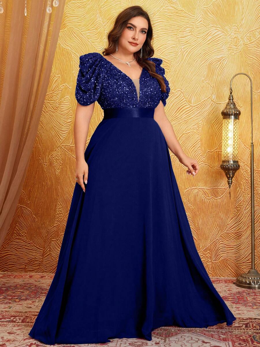 大码女式深 V 领泡泡袖喇叭下摆系腰亮片拼接优雅高端礼服、派对礼服、婚礼宾客礼服、舞会礼服、新娘礼服、生日服装、毕业礼服 - 寶藍色 - 查看 1