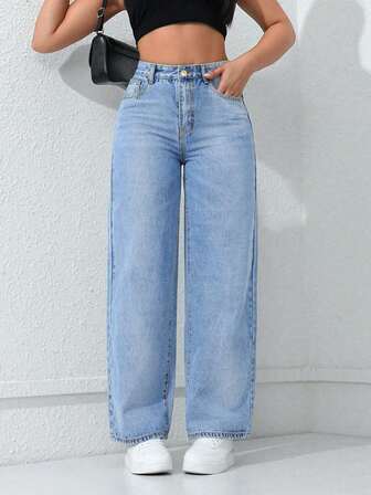 Casual Washed Low Waist Straight Leg Jeans Pocketed Denim Pants
