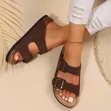 Women's Slip-On Sandals With Adjustable Buckle And Cork Footbed - Comfortable And Stylish Slide Sandals For Any Occasion - Cà phê nâu - Xem 6