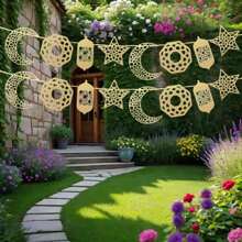 1pc Festival Decoration Hanging Banner With Moon And Star Motifs, Paper Garland Decor For Party, Indoor/Outdoor Home Decorations Birthday Decorations Party Decorations Backdrop Wedding Decor E-I-D