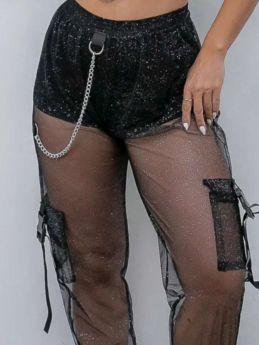 TRANSPARENT Gringa Look Pants With Sparkles And Chain/Side Pockets On The Leg/Street/Track Pants/Skater/Shiny/Party/End Of Year/White/Black/Skinny/Grunge/Hip Hop/Dance/Glitter/Glitter/Shiny - 黑色 - 查看 1