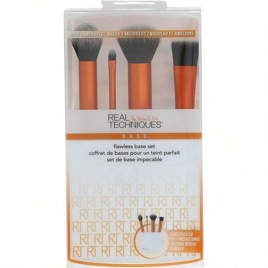 Real Techniques  Women Flawless Base Set: Contour Brush + Detailer Brush + Buffing Brush + Square Foundation Brush + Brush Cup --5Pcs   N A Makeup - Clear - View 1