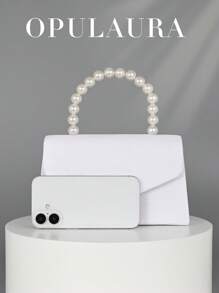 OpulAura 女士浪漫仿珍珠手柄派对手拿包，奢华天鹅绒晚宴包，适合派对、婚礼、约会、圣诞节、生日活动、正式场合，带链条