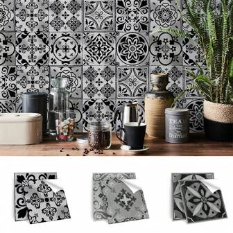 24pcs Classic Black And White Boho Floral Tile Stickers, Self-Adhesive Vinyl Decals For Kitchen Backsplash, Bathroom & Staircase Walls - Easy Apply & Remove Hanging Decorative Tiles