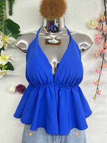 T066 Ruffle Trim Tied Backless Halter Top - 寶藍色 - 查看 1