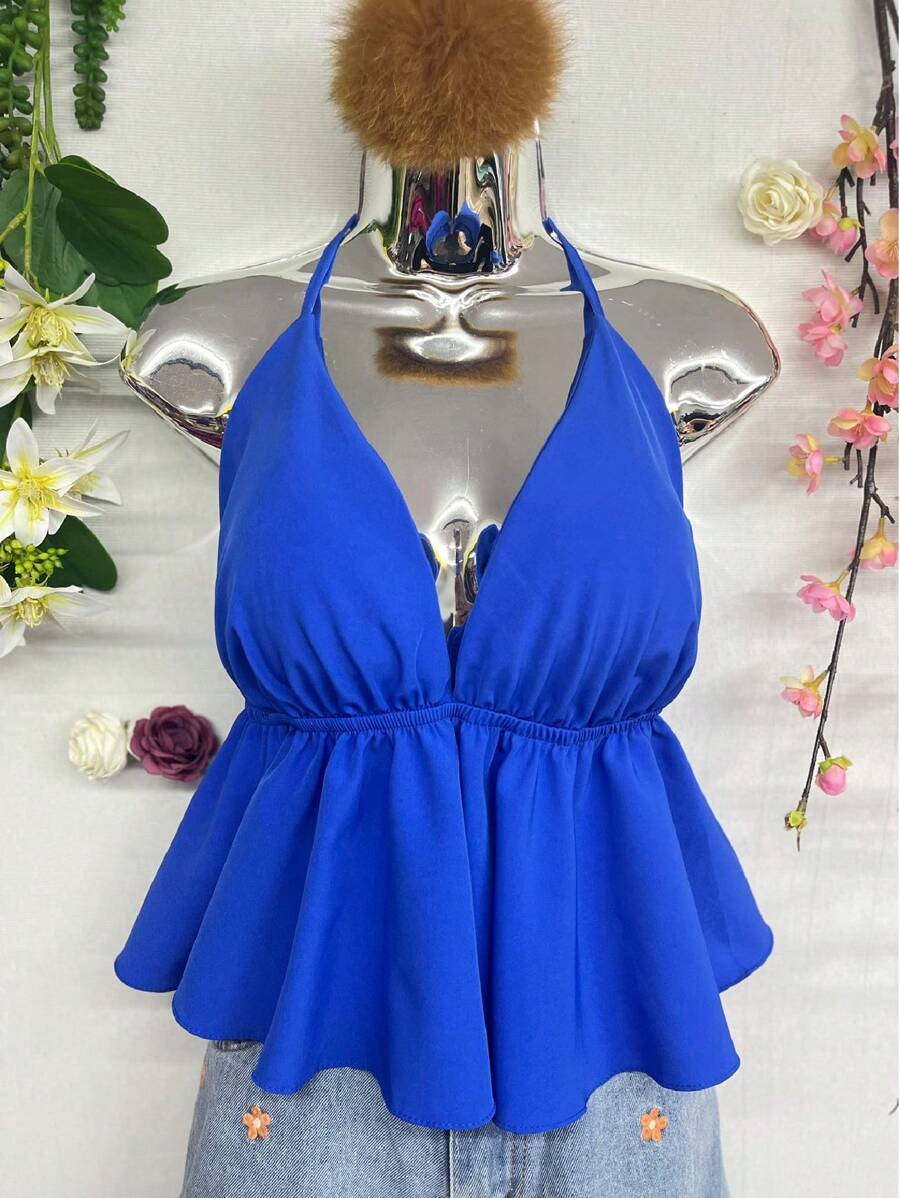 T066 Ruffle Trim Tied Backless Halter Top - 寶藍色 - 查看 1