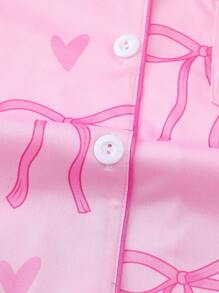 Marira 2pcs/Set Women Bow Print Sleepwear Set, Comfortable Short Sleeve Lapel Button Shirt And Loose Elastic Shorts, Casual Loungewear For Outdoor And Indoor, All Season,Two Pieces Set - Hồng - Xem 6