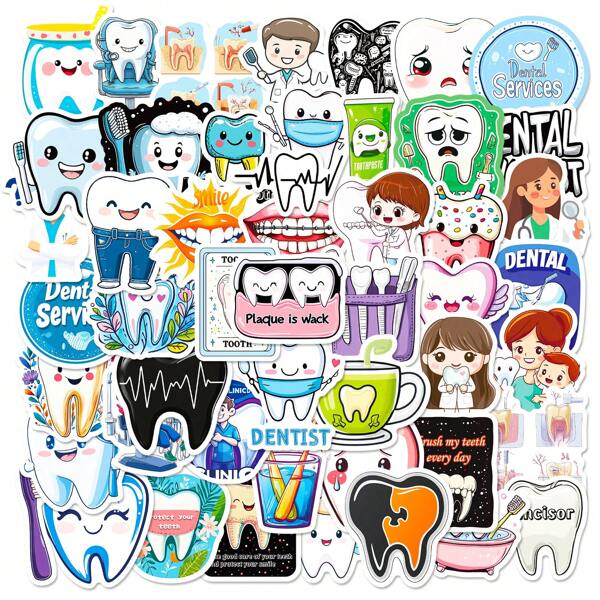 50Pcs Dental Stickers, Cartoon Dentist And Tooth Stickers Bulk For Teens Adults, Vinyl Waterproof Sticker Pack For Water Bottle Scrapbook Journal Notebook Laptop Decoration, School Supplies,Back To School