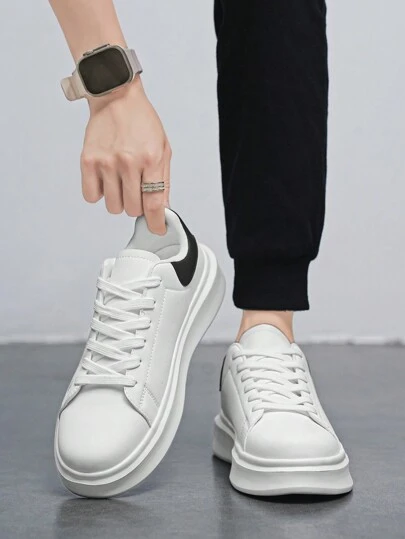 （尺码偏小）男士/情侣休闲纯色运动鞋，时尚简约系带经典真皮舒适休闲步行鞋，完美搭配运动牛仔裤造型