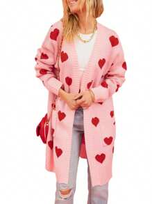 Women Open Front Duster Sweaters Casual Heart Print Knitted Cardigans With Pockets Warm Fall Knitwear For Streetwear - Pink - View 1