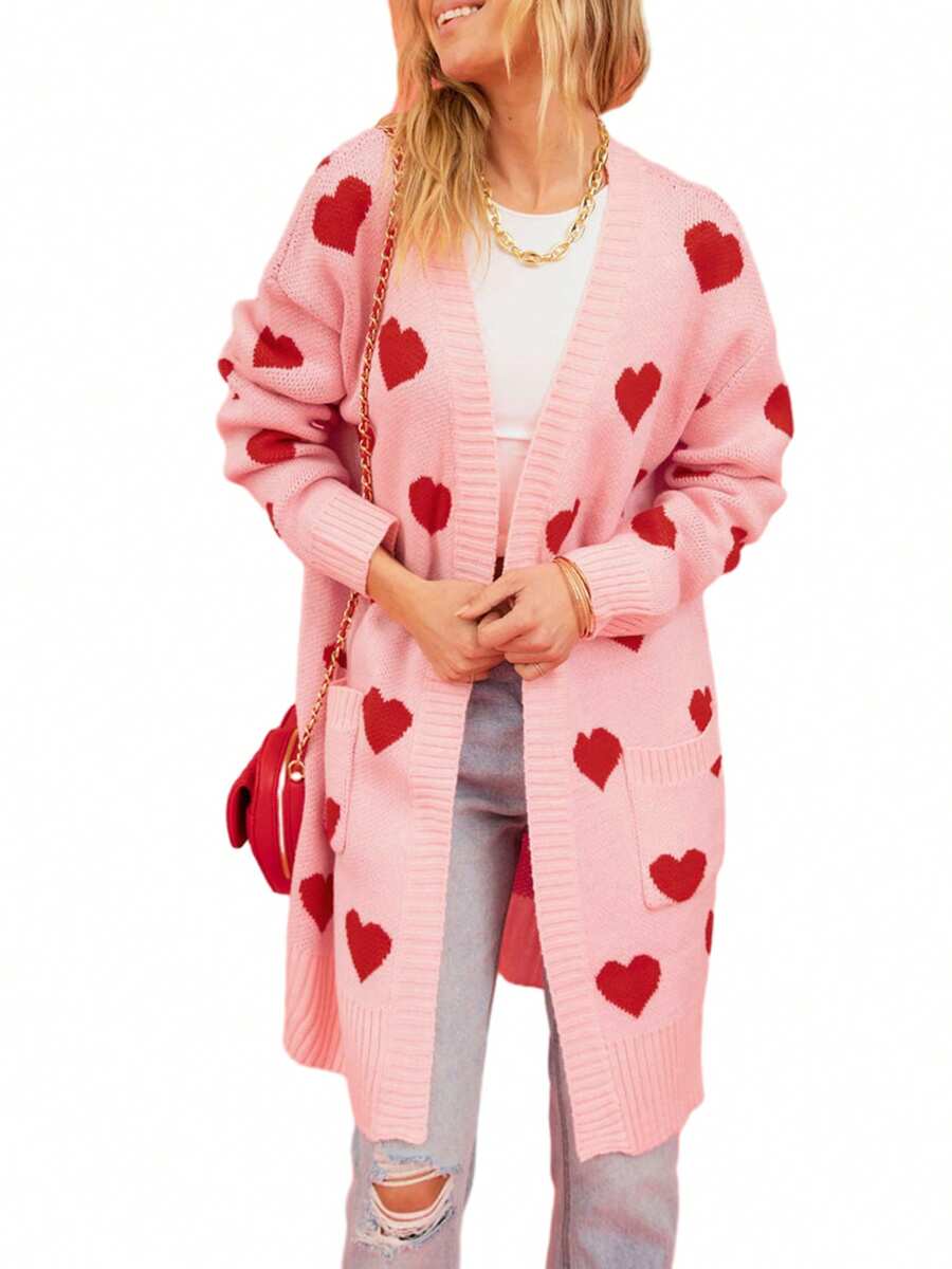 Women Open Front Duster Sweaters Casual Heart Print Knitted Cardigans With Pockets Warm Fall Knitwear For Streetwear - Pink - View 1