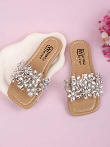 Sandalias planas con tira en T transparente y flor de strass para niñas, cómodas y casuales tipo chanclas, apropiadas para fiestas, exteriores, playa, camping, con diseño floral romántico, para el Día de San Valentín