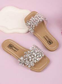Sandalias planas con tira en T transparente y flor de strass para niñas, cómodas y casuales tipo chanclas, apropiadas para fiestas, exteriores, playa, camping, con diseño floral romántico, para el Día de San Valentín