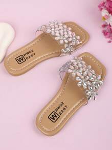 Sandalias planas con tira en T transparente y flor de strass para niñas, cómodas y casuales tipo chanclas, apropiadas para fiestas, exteriores, playa, camping, con diseño floral romántico, para el Día de San Valentín