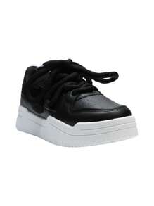 Messy Braid Lace-Up Mixed Thick Sole Casual White Sneakers - Black - View 2