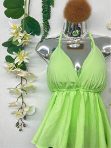 T066 Ruffle Trim Tied Backless Halter Top - 青檸色 - 查看 4