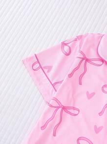 Marira 2pcs/Set Women Bow Print Sleepwear Set, Comfortable Short Sleeve Lapel Button Shirt And Loose Elastic Shorts, Casual Loungewear For Outdoor And Indoor, All Season,Two Pieces Set - Hồng - Xem 4