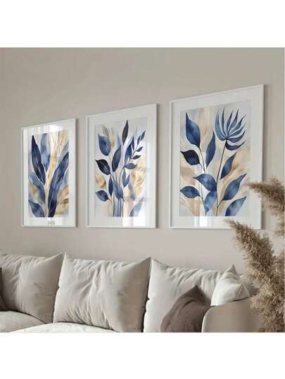 CPWAD Set de 3 Piezas de Pósters de lienzo con acuarela abstracta de plantas y flores azul y dorado claro sin marco, adecuado para decoración moderna de sala de estar, dormitorio, estudio y hogar