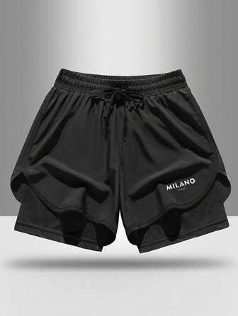 男士轻便快干运动短裤，纯色带抽绳，日常休闲，度假休闲，夏季