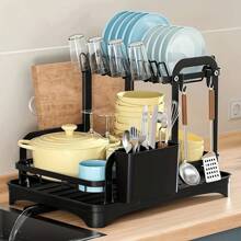 1 pièce Égouttoir de cuisine à 2 étages, ensemble égouttoir de vaisselle pour comptoir au-dessus de l'évier avec support à couverts, rack à tasses, rangement pour planche à découper, organisateur de cuisine