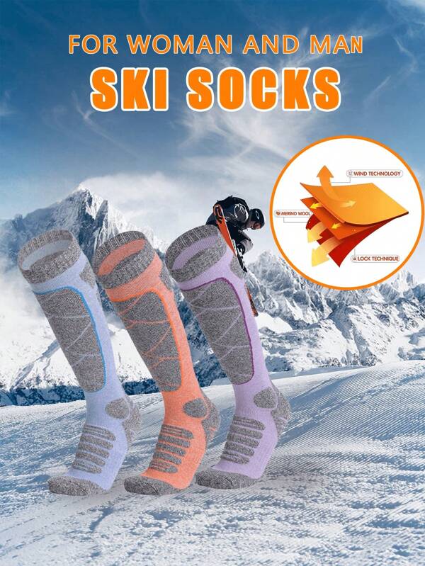 3 Pairs Of Women's One-Size-Fits-All Winter Ski Socks, Warm Thick Socks With Threaded Cuffs, Blue Spandex Material Towel Socks, Breathable And Dry, Non-Slip Wear-Resistant, Sweat-Absorbent And Quick-Drying, Suitable For Women's Teenagers Outdoor Sports Skiing Climbing Hiking Football Long-Length Sports Socks, Christmas Gifts
