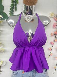 T066 Ruffle Trim Tied Backless Halter Top - Purple - View 5