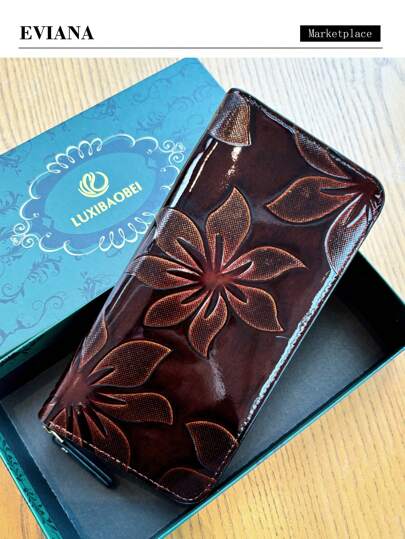 Vintage Embossed Floral Long Wallet For Women Elegant Leather Carved Flower Clutch Purse With Phone Slot Multi-Card Holder Coin Pocket Gifts For Women Valentines