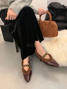 Stylish & Versatile Wine Red Mary Jane Flats With Fuzzy Lining, Warm Metal Buckle Pointed Toe Ballet Shoes For Women, Autumn/Winter 2024 New Arrival